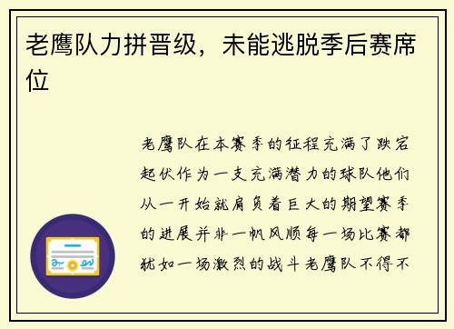 老鹰队力拼晋级，未能逃脱季后赛席位