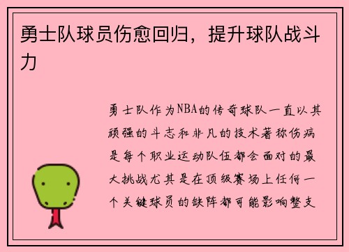 勇士队球员伤愈回归，提升球队战斗力