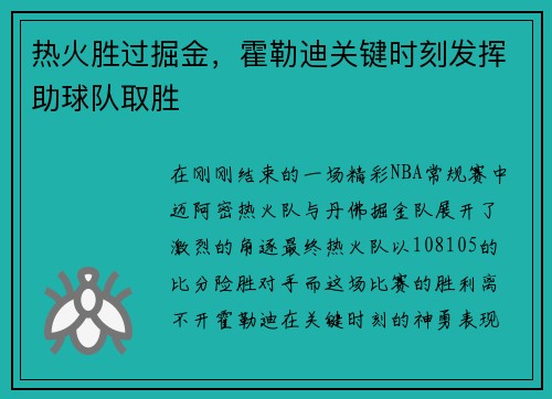 热火胜过掘金，霍勒迪关键时刻发挥助球队取胜