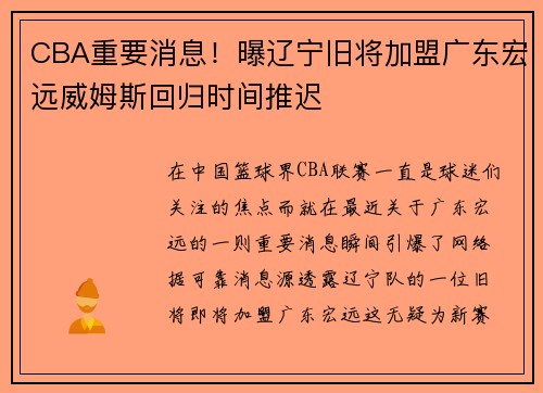 CBA重要消息！曝辽宁旧将加盟广东宏远威姆斯回归时间推迟