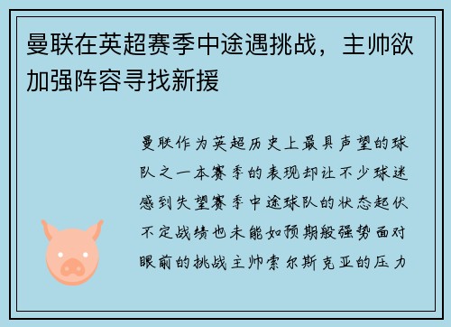 曼联在英超赛季中途遇挑战，主帅欲加强阵容寻找新援