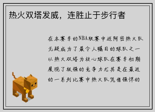热火双塔发威，连胜止于步行者