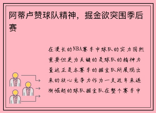 阿蒂卢赞球队精神，掘金欲突围季后赛