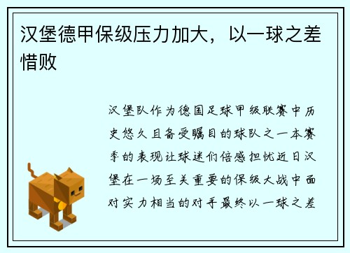 汉堡德甲保级压力加大，以一球之差惜败
