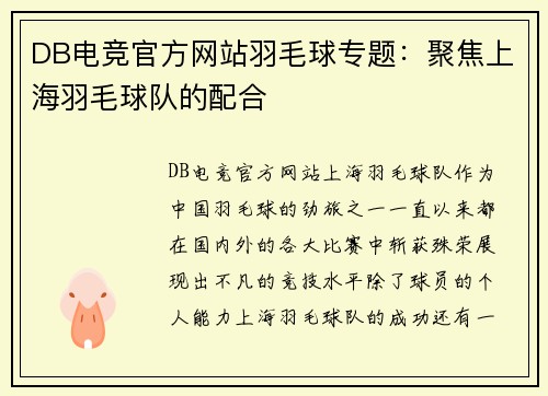 DB电竞官方网站羽毛球专题：聚焦上海羽毛球队的配合